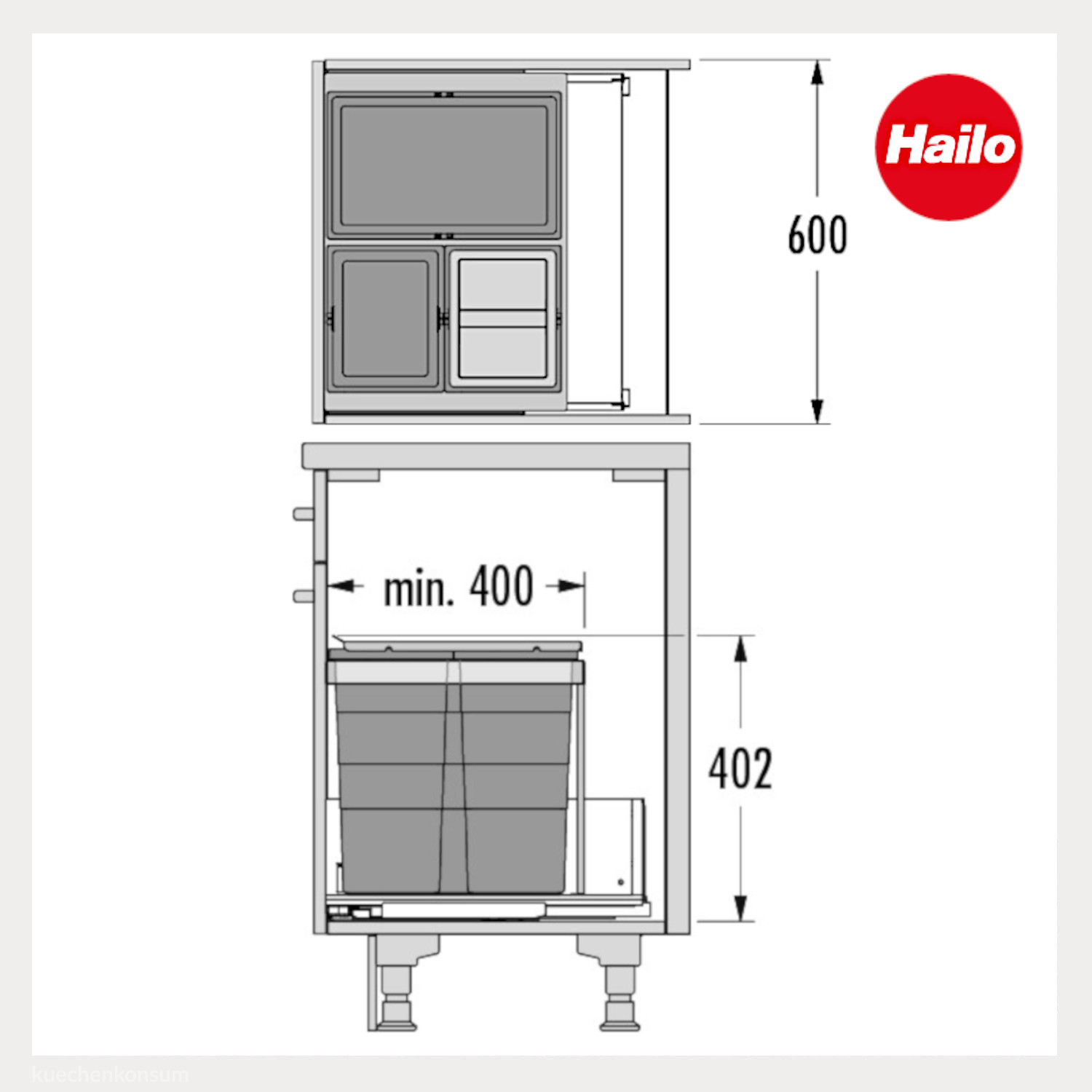 Hailo Abfallsammler 10000226 Triple XL 600 28/13/13/D Liter dunkelgrau