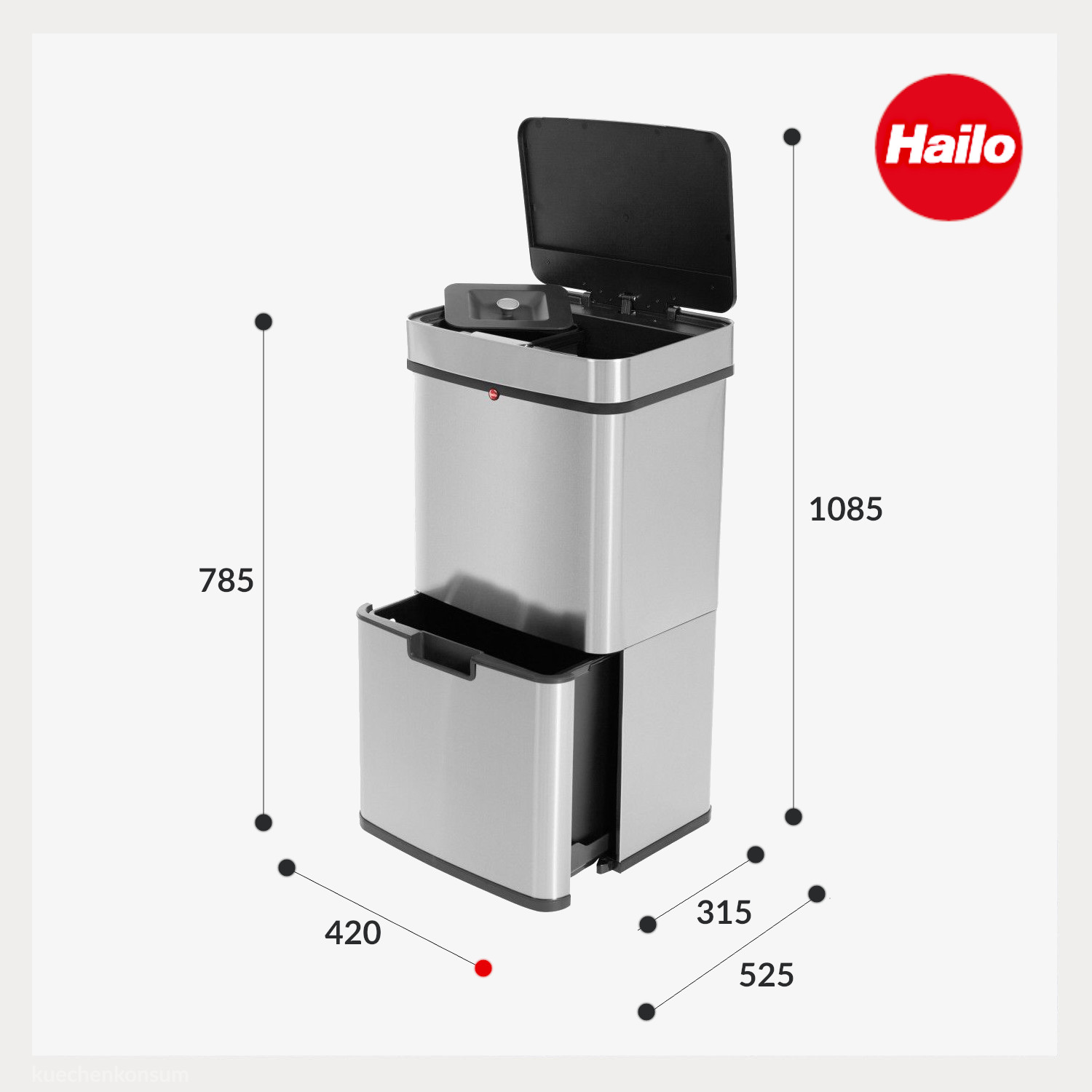 Hailo Standmülleimer 6560010 Öko Vario XL Sensor 2x25 L + 4 L Bio Edelstahl