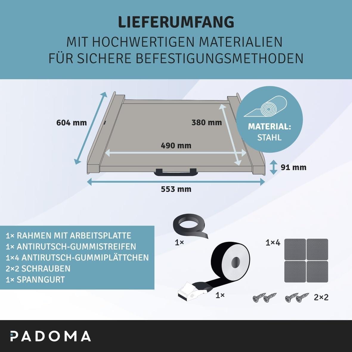 Padoma Zwischenbaurahmen Metall 10090962 weiß mit Auszugsplatte für Waschmaschine Trockner