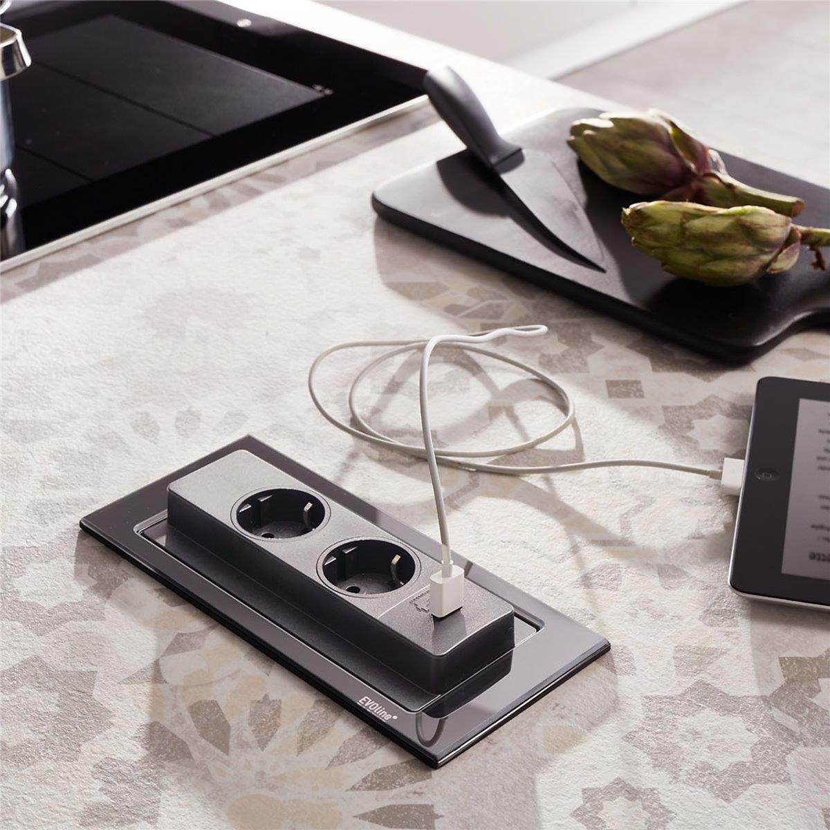 Schulte EVOline BackFlip 10.258 USB-C Charger + Einbausteckdose 2 fach Glas glänzend schwarz
