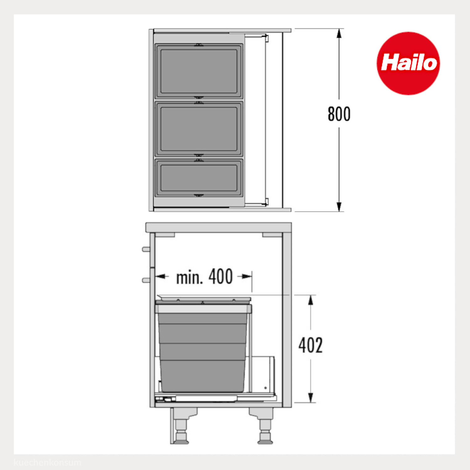 Hailo Abfallsammler 10000227 Triple XL 800 28/28/18 Liter dunkelgrau