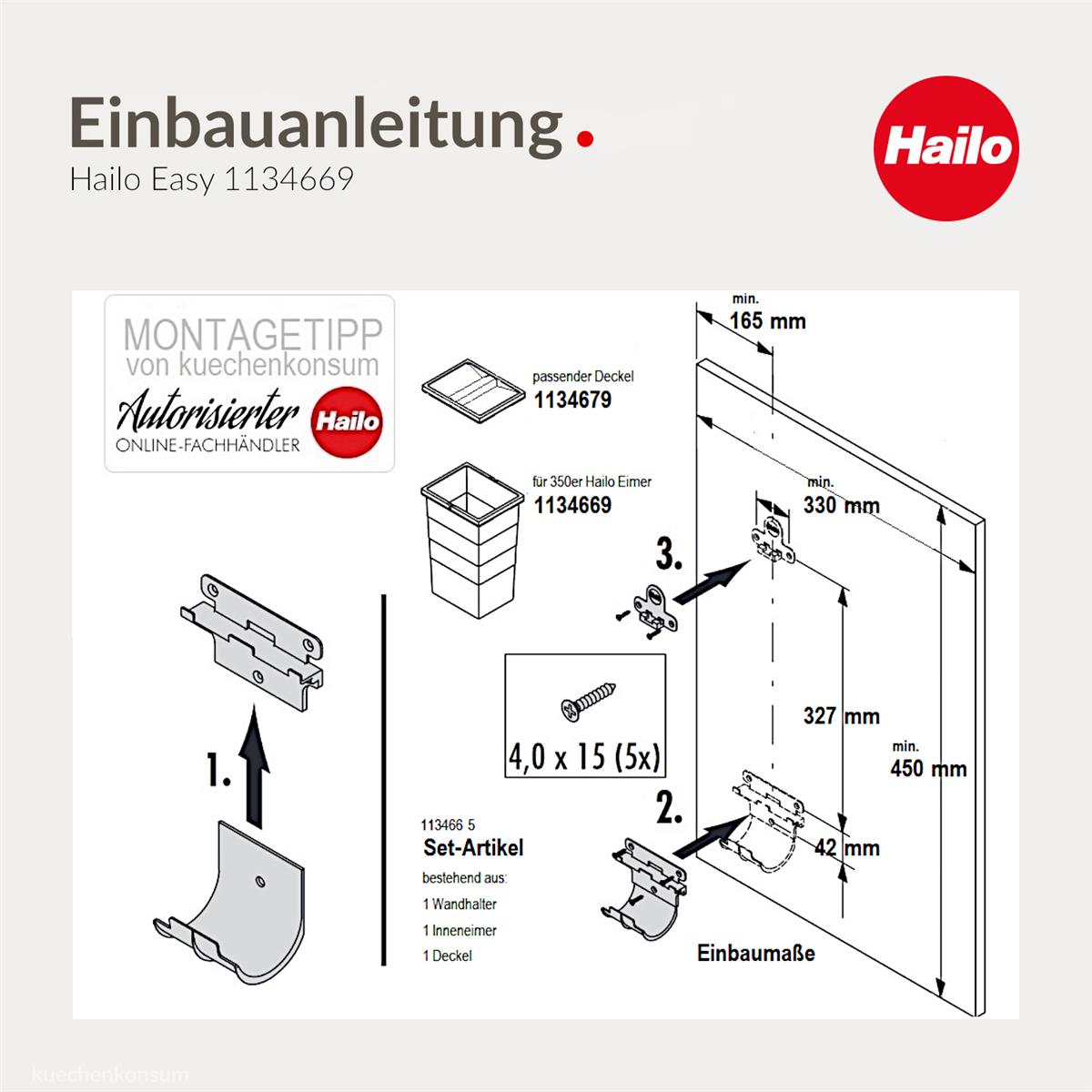 Hailo Inneneimer 1134665 ReadyBin 12 L  320 x 141 x 350 mm mit Deckel und Wandhalter