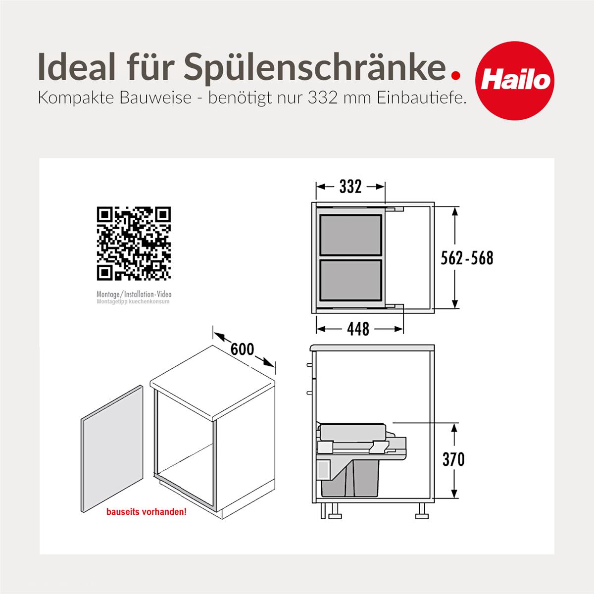 Hailo Abfallsammler 3610971 CS Slide Cargo-Soft Short 2x20L dunkelgrau