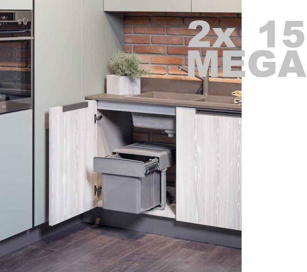 Ekotech Abfallsammler 2x15 Liter Einbau Mülleimer grau Mülltrennsystem Küchenschrank Doppelbehälter