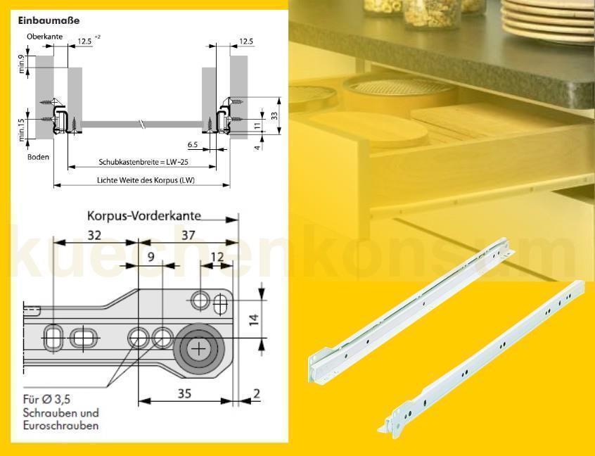 Rollenauszug 1 Paar weiß Tragkraft 30 kg Schubteilauszug 800 mm