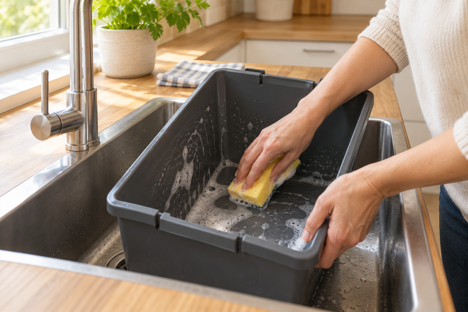 Ein herausgenommener Kunststoff-Inneneimer wird mit einem weichen Schwamm und Spülwasser gereinigt.