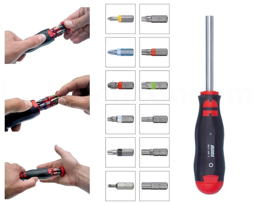 Schraubendreher mit 12-teiligen Bit Magazin
