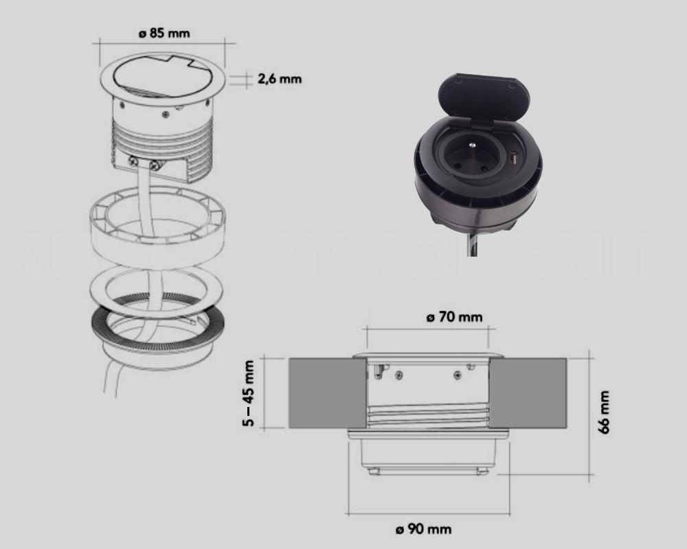 Thebo Einbausteckdose 17086.08 Schwarz ST 08 USB mit Klappdeckel u USB