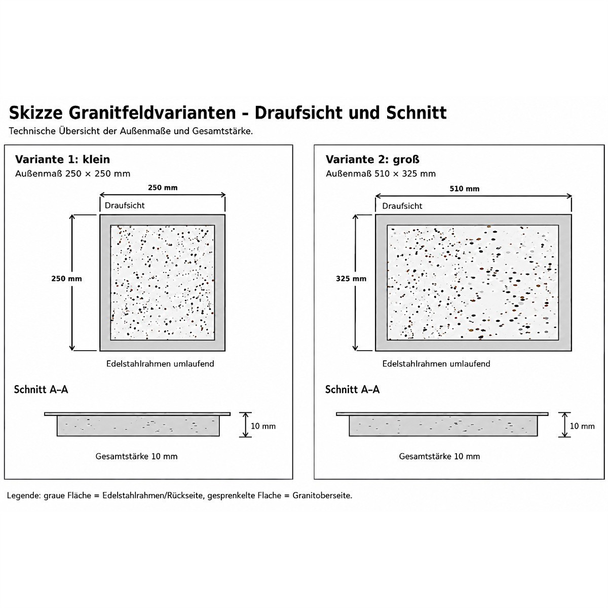 Einbau Granitfeld Paradiso in Edelstahlwanne 250 x 250 x 10 mm