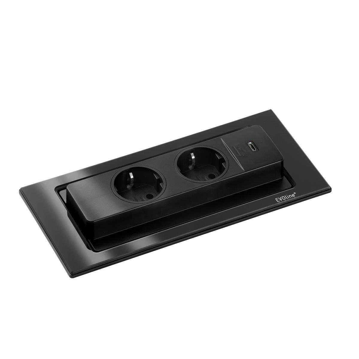 Schulte EVOline BackFlip 10.258 USB-C Charger + Einbausteckdose 2 fach Glas glänzend schwarz