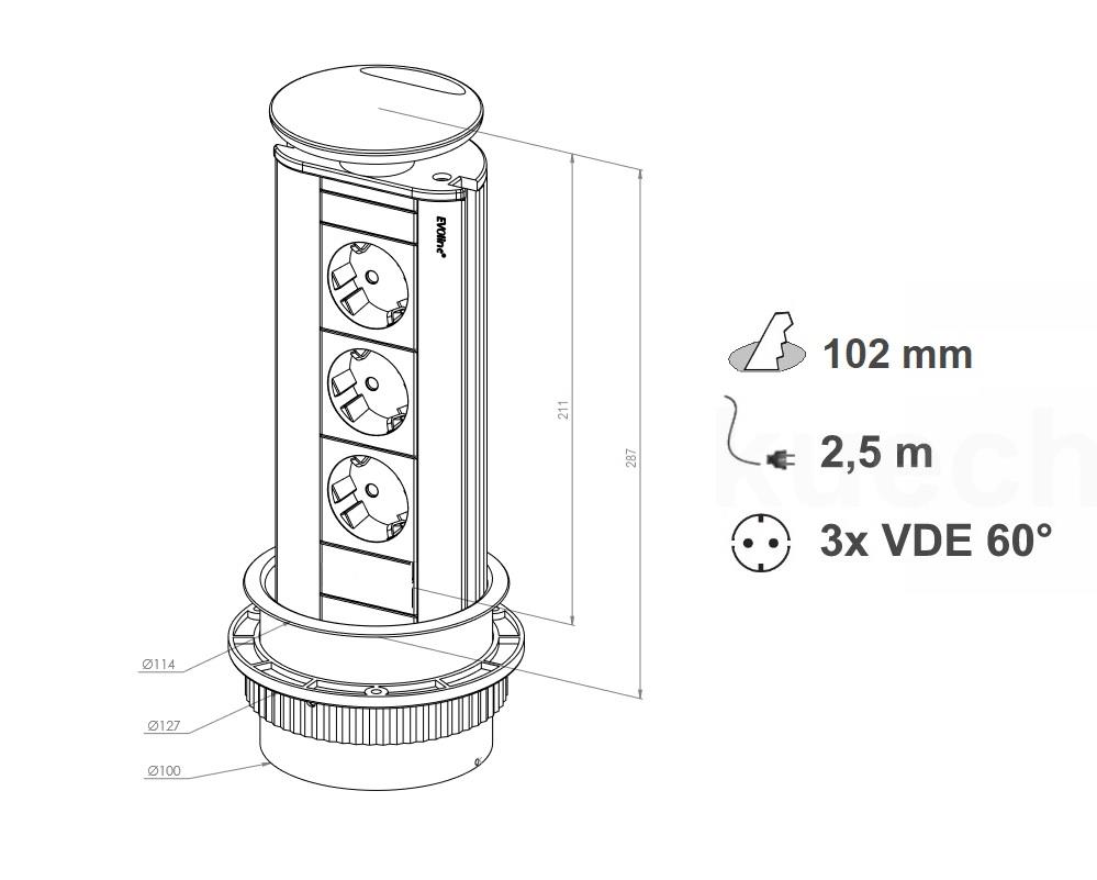 Schulte EVOline Port 00.214 versenkbare Steckdose 3fach Edelstahl
