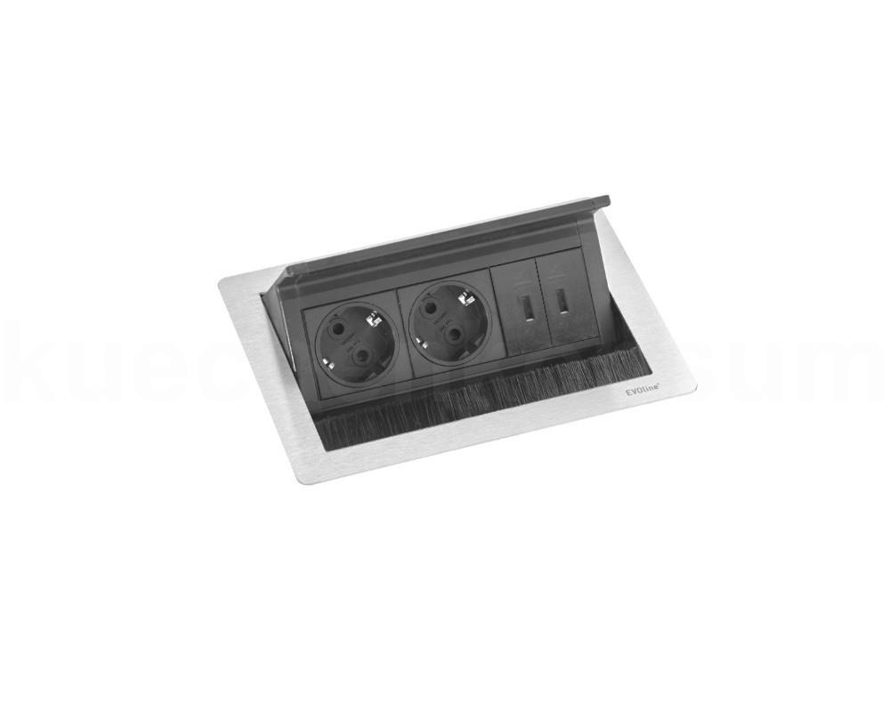 Schulte EVOline FlipTop Push S 00.786 Klappsteckdose 2fach VDE Edelstahl m USB