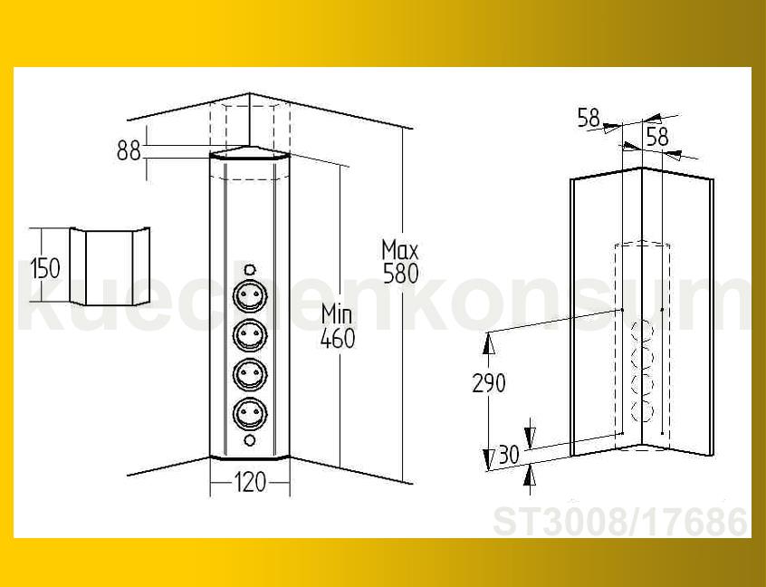 Thebo Ecksteckdose 17686 Edelstahl 4fach ST 3008 senkrecht 460-580 mm
