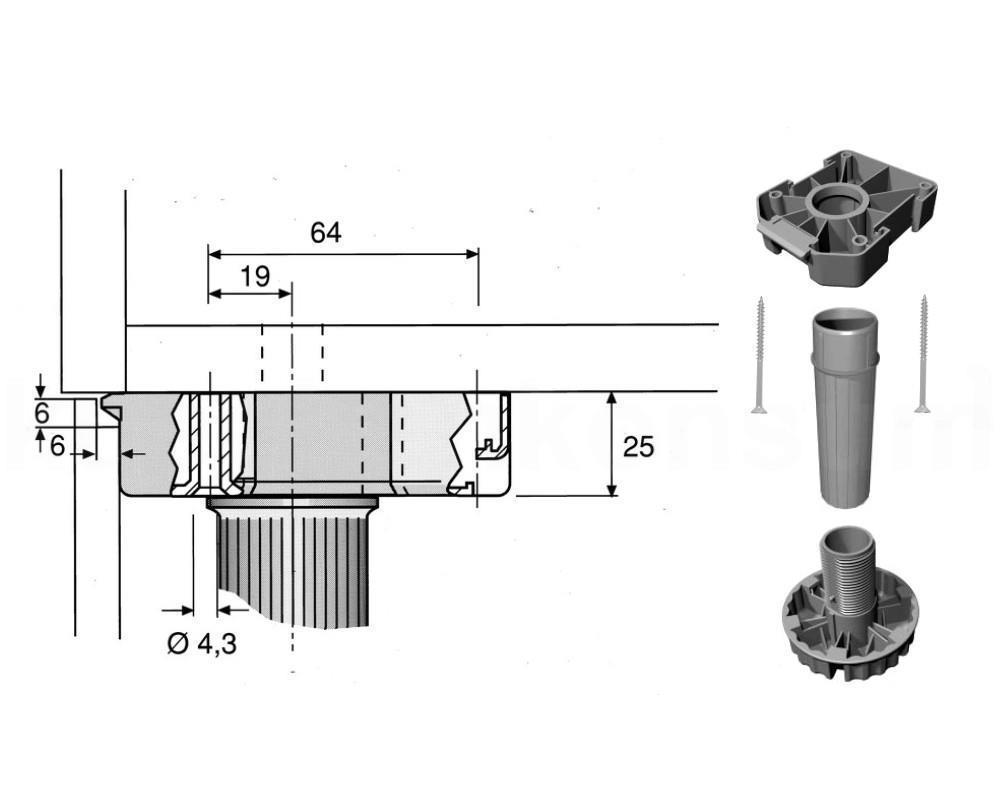 Möbelfuß 200 mm höhenverstellbar 190-218 mm Kunststoff schwarz 40x