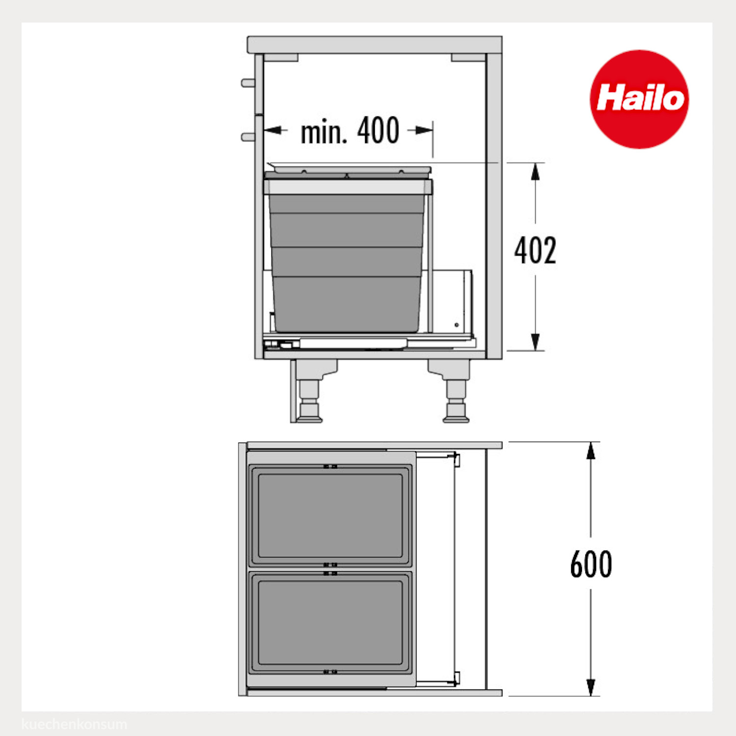 Hailo Abfallsammler 10000225 Triple XL 600 28/28 Liter dunkelgrau