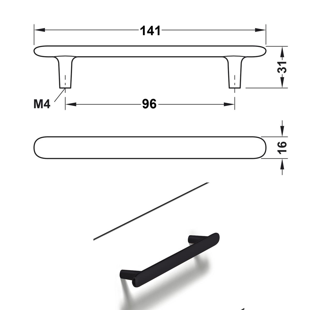Möbelgriff 10x schwarz matt 141 x 31 mm Zinkdruckguss