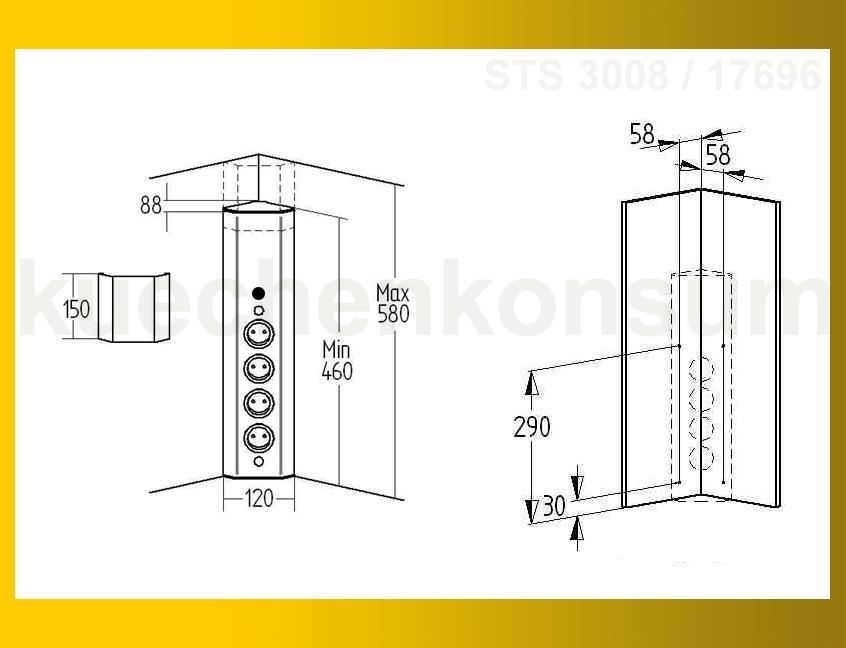 Thebo Ecksteckdose 176956 Edelstahl 4-fach STA 3008 schaltbar