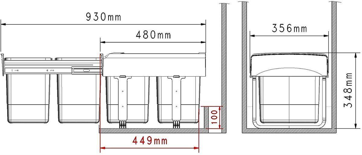 Ekotech Abfallsammler 2x15 Liter Einbau Mülleimer grau Mülltrennsystem Küchenschrank Doppelbehälter