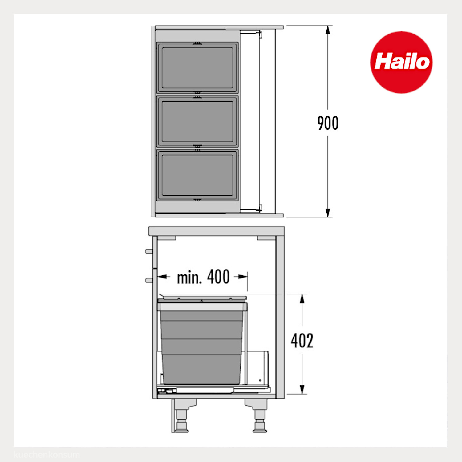 Hailo Abfallsammler 10000228 Triple XL 900 28/28/ 28 Liter dunkelgrau