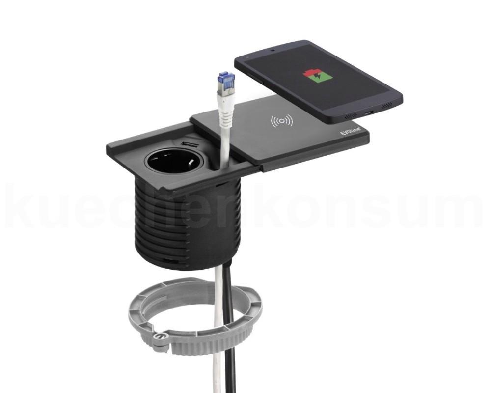 Schulte EVOline Square80 00.005 Tischsteckdose induktive Ladefunktion Patchkabel 3m