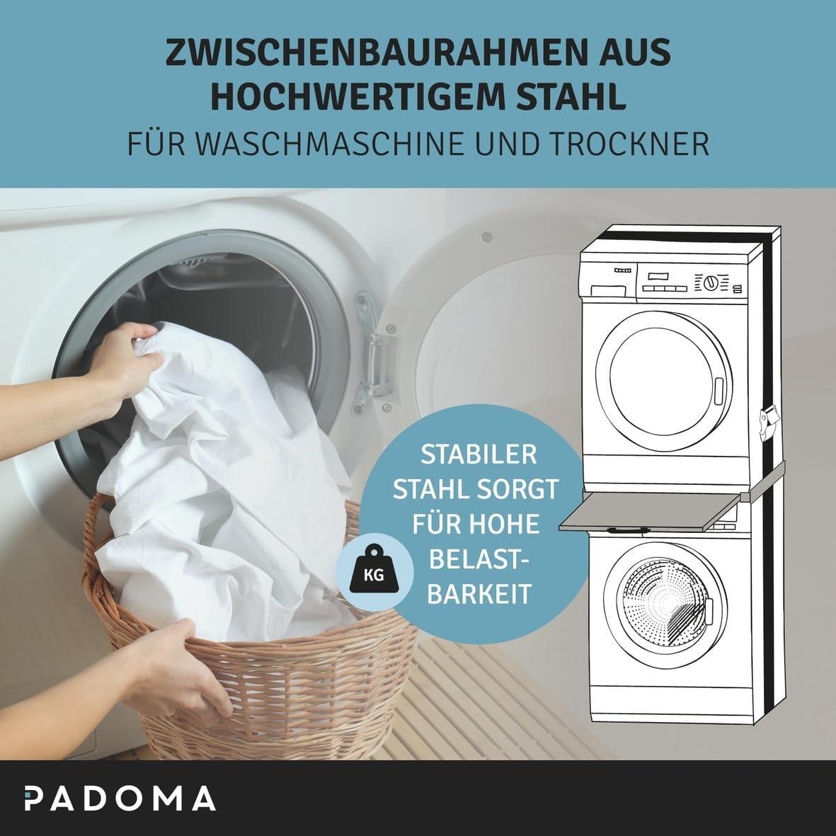 Padoma Zwischenbaurahmen Metall 10090962 weiß mit Auszugsplatte für Waschmaschine Trockner