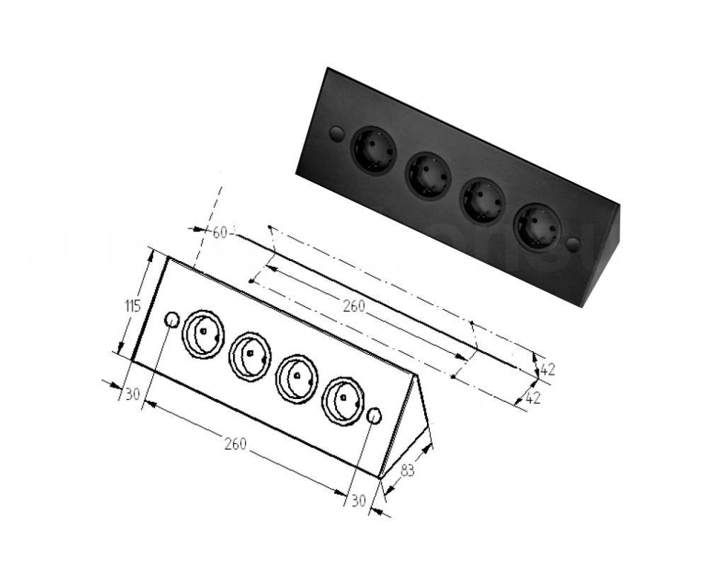 Thebo Ecksteckdose 17588/320 Schwarz 4fach ST 3007/320 320 mm