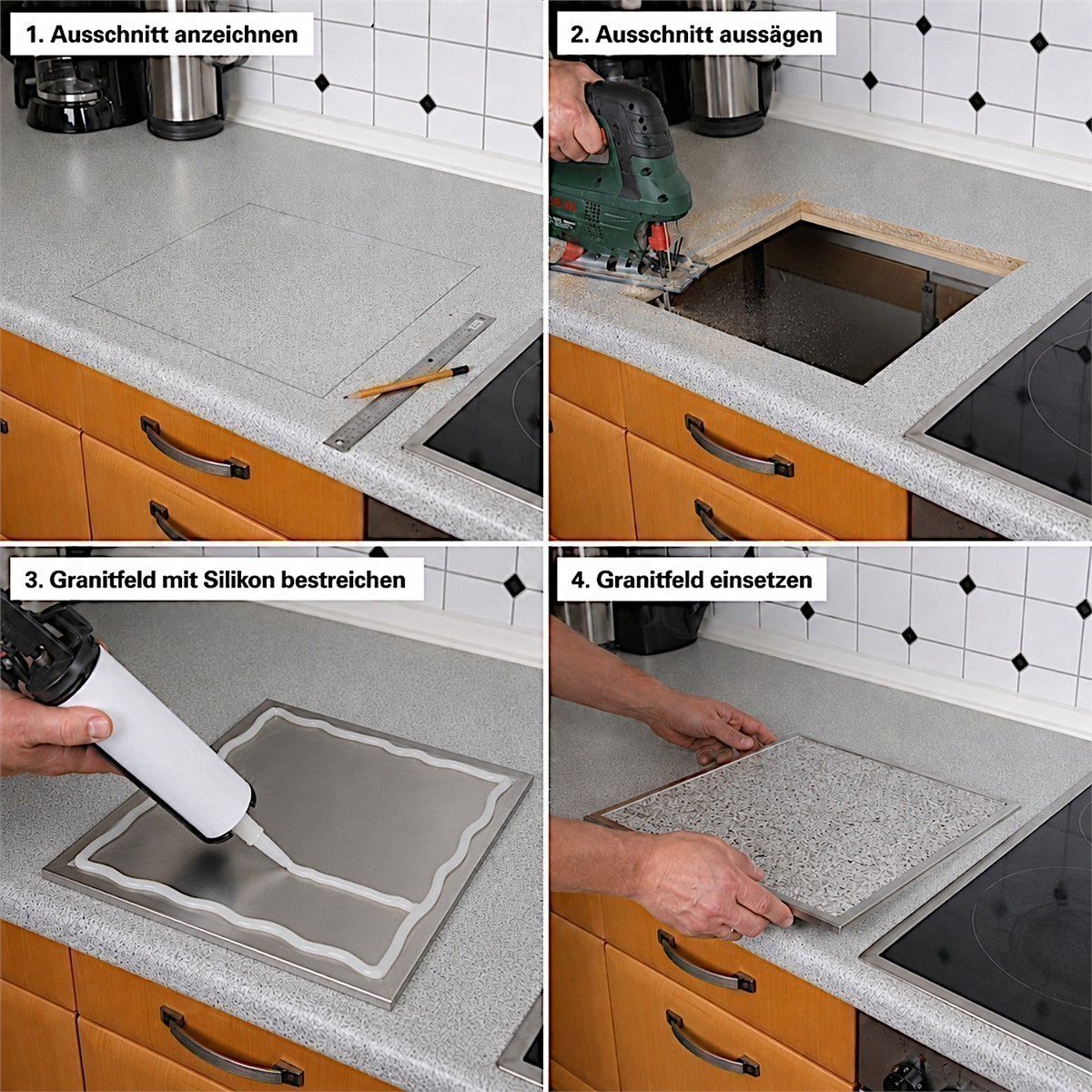 Einbau Granitfeld Paradiso in Edelstahlwanne 250 x 250 x 10 mm