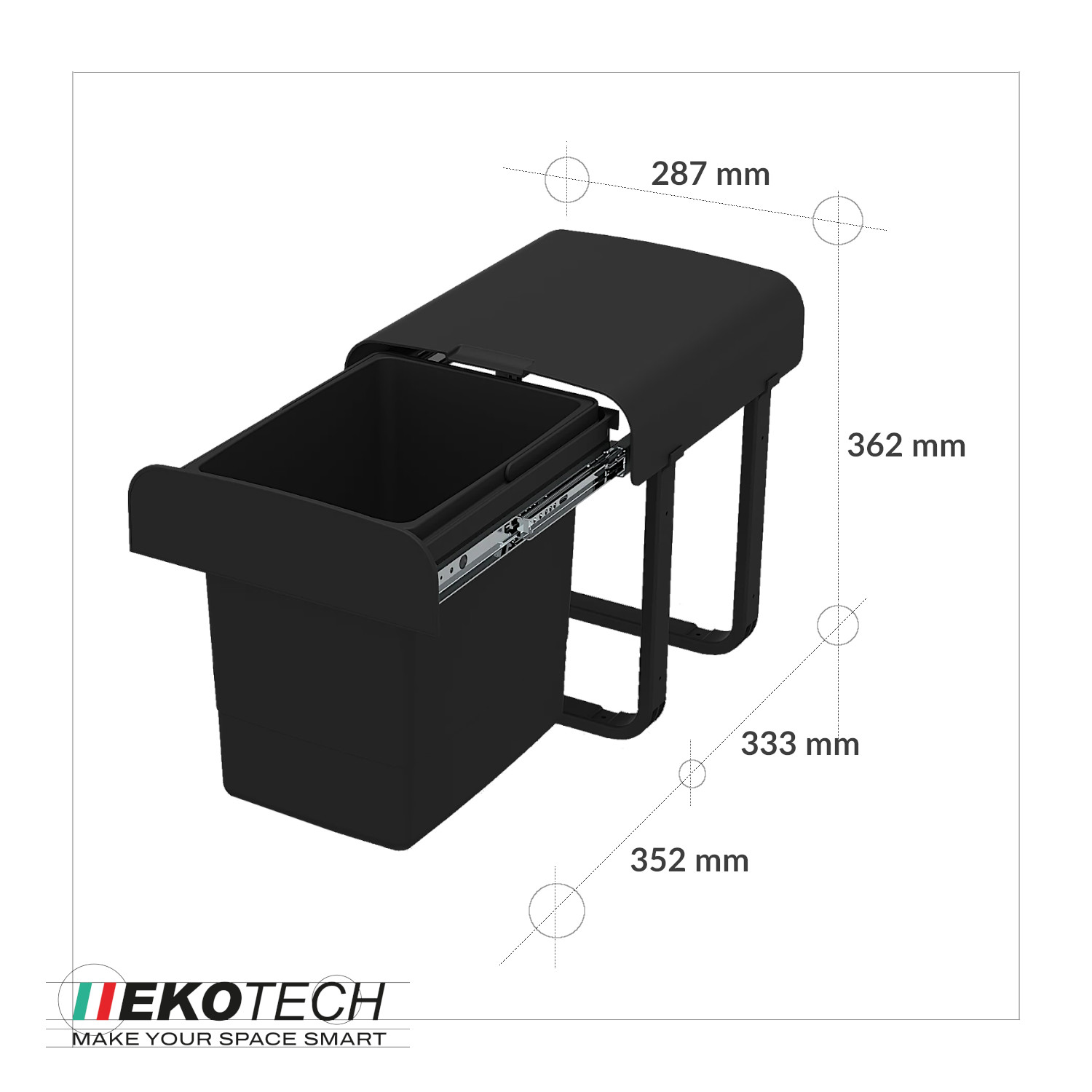 Ekotech Abfallsammler AS15S Aladin Schwarz 15 Liter ab 40cm Unterschrank