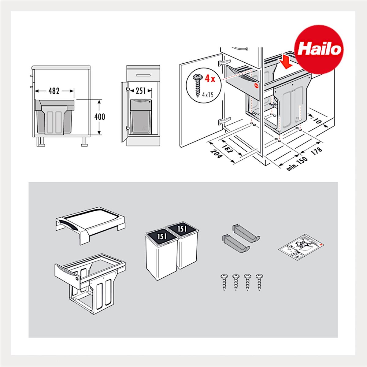 Hailo Abfallsammler 3666106 TA Swing Tandem 2x 15 L mit Hakenleiste