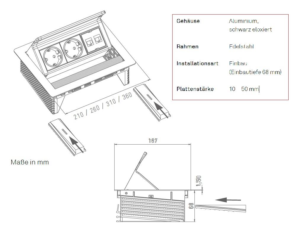 Schulte EVOline FlipTop Push M 00.027 Klappsteckdose 4 fach Edelstahl