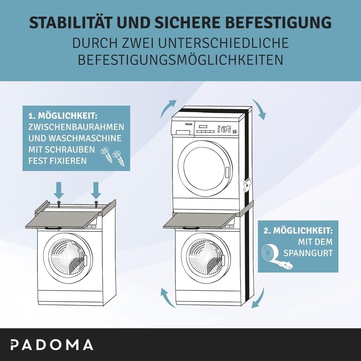 Padoma Zwischenbaurahmen Metall 10090962 weiß mit Auszugsplatte für Waschmaschine Trockner